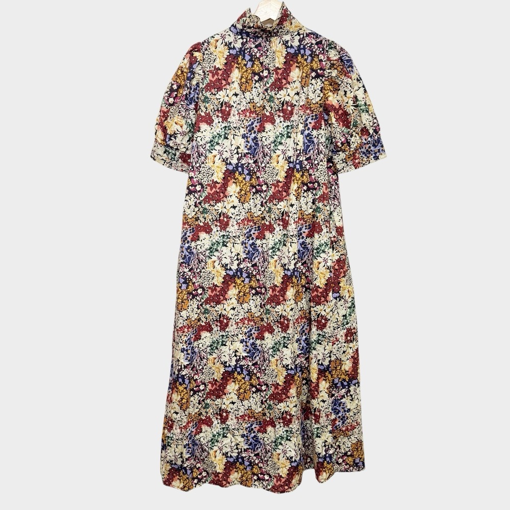 Fate Floral Poplin Maxi Dress Ruffle Mock Neck Puff Sleeve Small